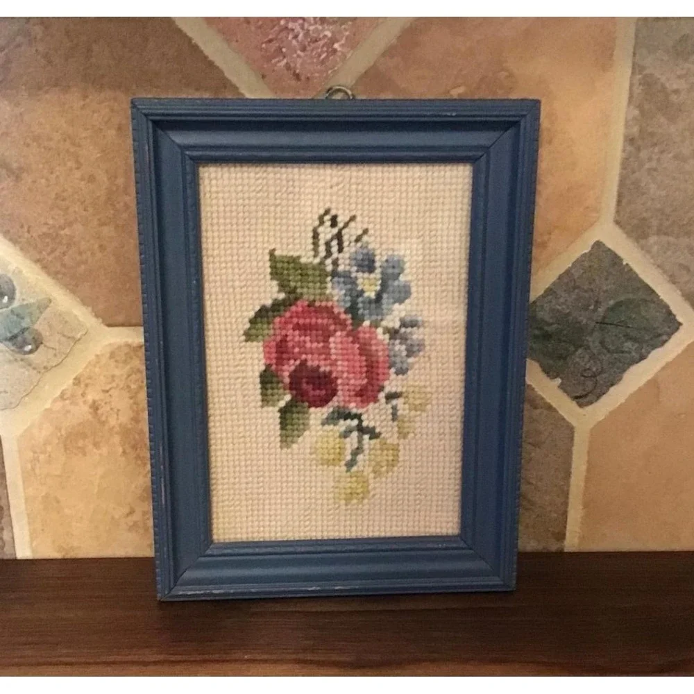 Vintage Needlepoint Floral Wall Art Pink Rose Blue Wood Frame Cottagecore 8x6